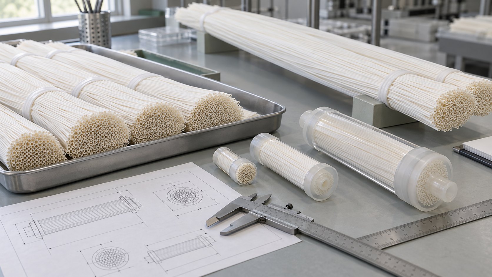 中空纖維材料開發與多尺寸封裝樣件示意(AI 生成) Hollow-fiber material development and packaging samples in several sizes, illustrative (AI-generated)