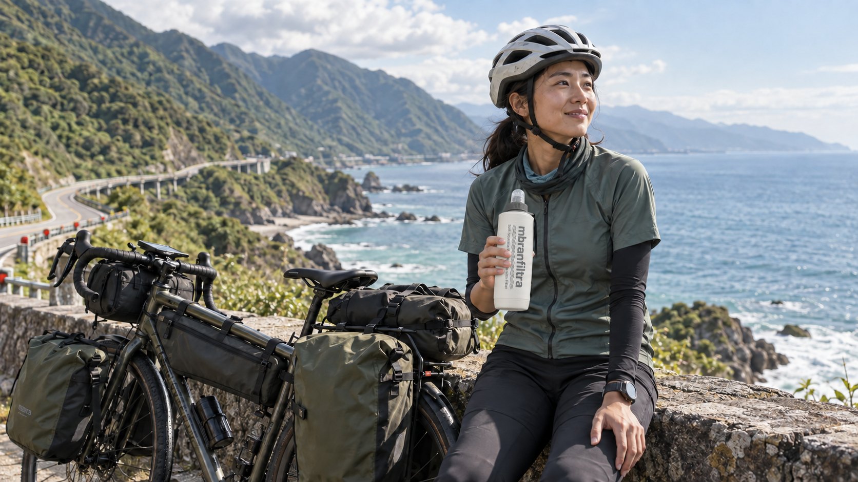 自行車環島途中補水情境示意(AI 生成) Round-island cycling hydration break, illustrative scenario (AI-generated)