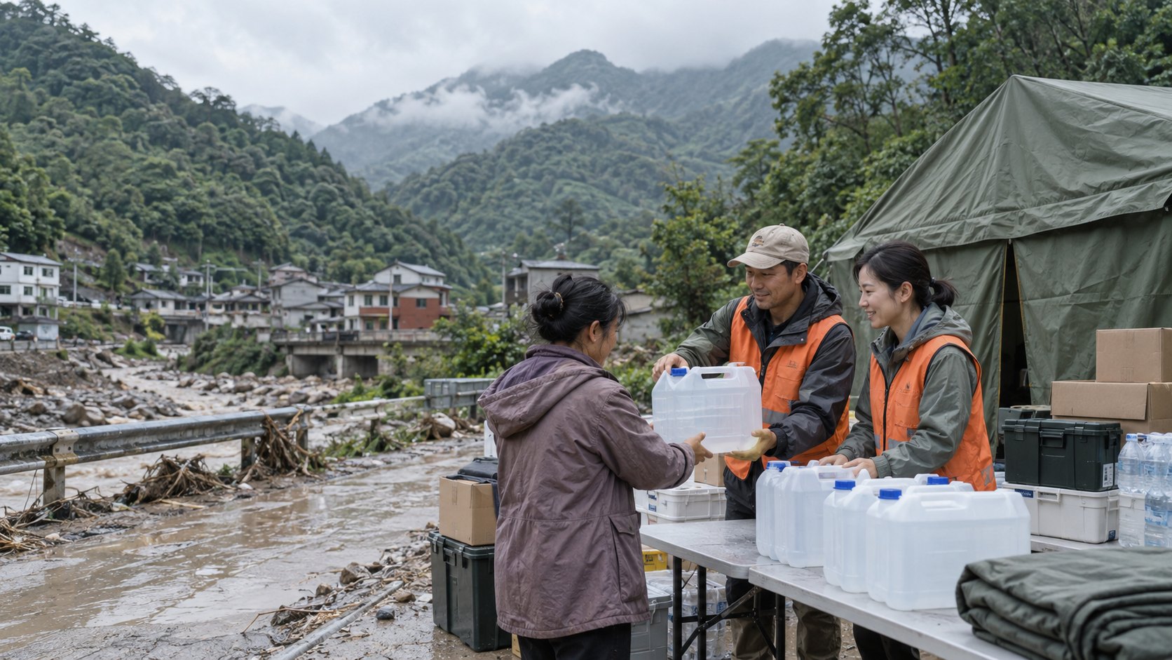 災後救助供水情境示意(AI 生成,非公司實際案例) Emergency water supply after a disaster, illustrative scenario (AI-generated, not a company case)