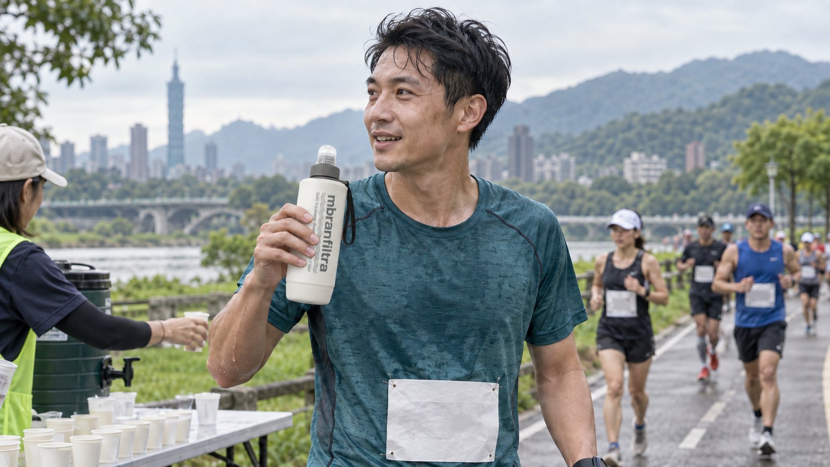 馬拉松補給站情境示意(AI 生成,非實際賽事) Marathon hydration stop, illustrative scenario (AI-generated, not a real event)