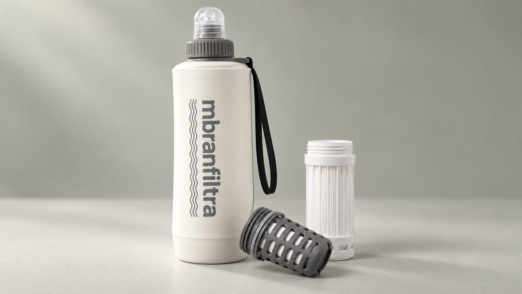 米白 mbranfiltra 軟水壺與家用濾芯靜物示意(AI 生成) Off-white mbranfiltra soft bottle and household cartridge, illustrative still life (AI-generated)