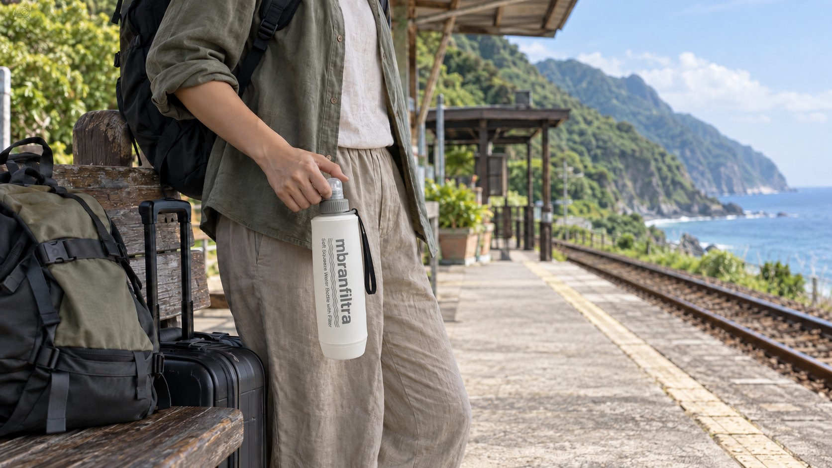 旅遊隨身攜帶過濾水壺情境示意(AI 生成) Travelling with a filter bottle, illustrative scenario (AI-generated)