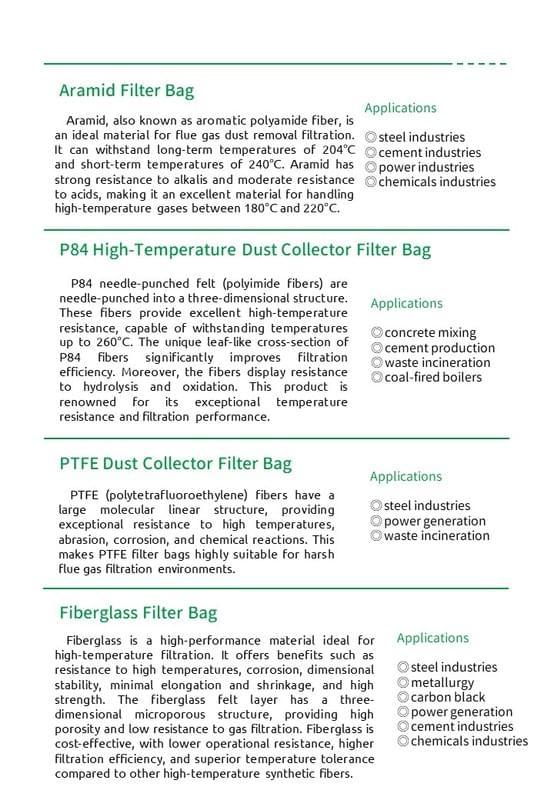 集塵濾袋(芳綸/P84/PTFE/玻璃纖維) Dust collector filter bags — aramid, P84, PTFE & fiberglass
