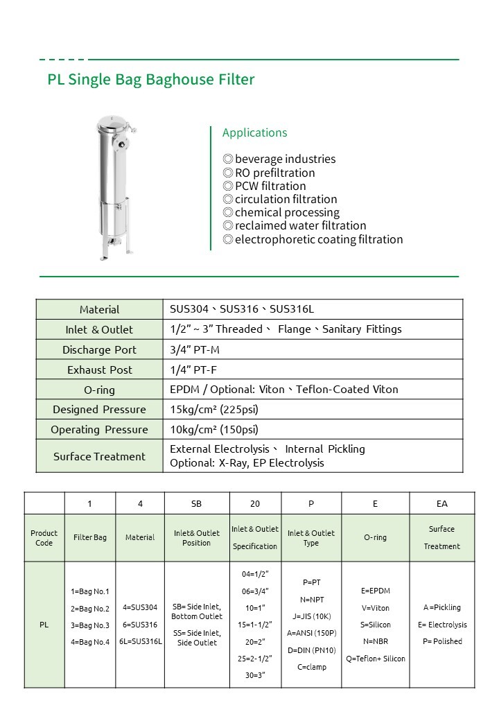 PL 單袋式袋式過濾器 PL single-bag filter housing (catalog name: PL Single Bag Baghouse Filter)