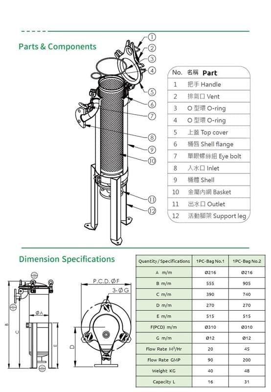PT 頂入式袋式過濾器:零件與尺寸 PT top-inlet bag filter — parts & dimensions