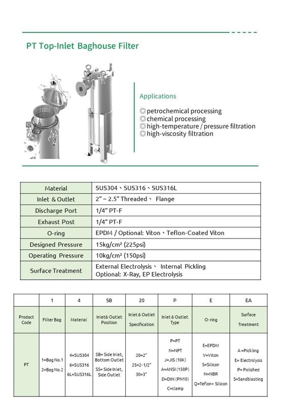 PT 頂入式袋式過濾器 PT top-inlet bag filter (catalog name: PT Top-Inlet Baghouse Filter)