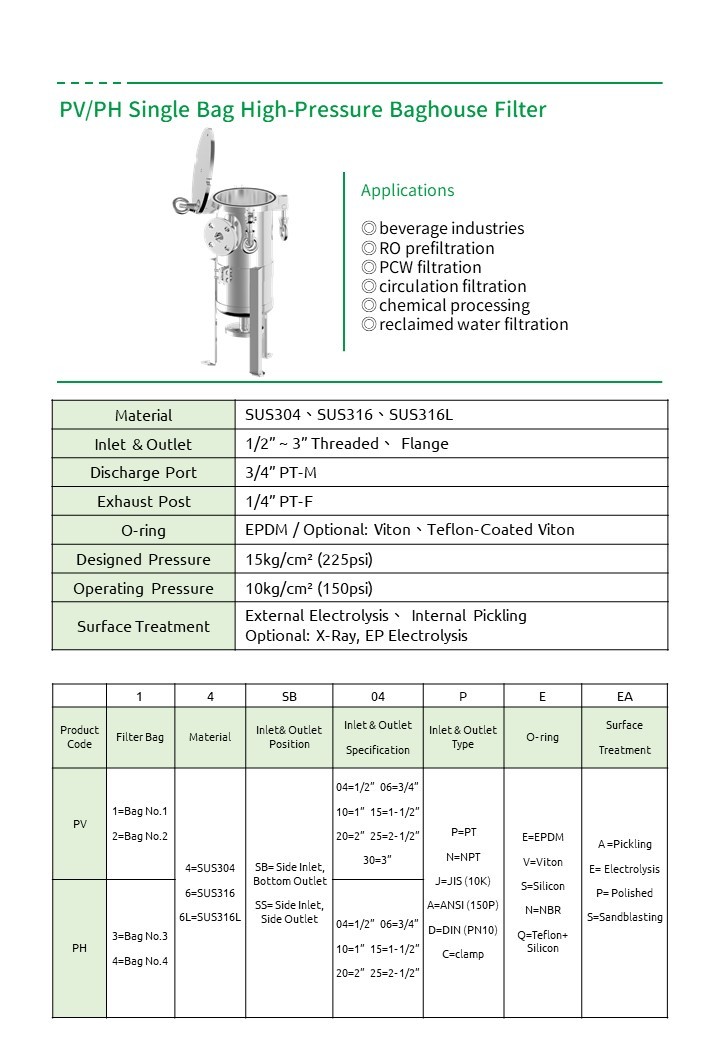 PV/PH 單袋高壓袋式過濾器 PV / PH single-bag high-pressure filter housings (catalog name: PV/PH Single Bag High-Pressure Baghouse Filter)