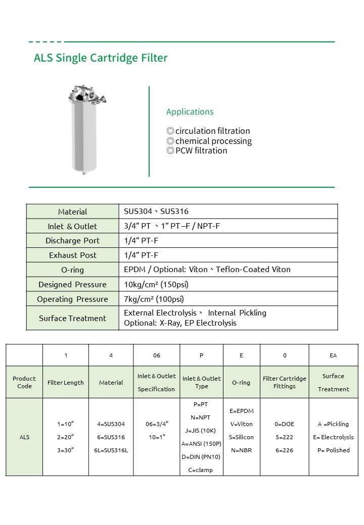 ALS 單支濾心式過濾器 ALS single-cartridge housing (catalog name: ALS Single Cartridge Filter)