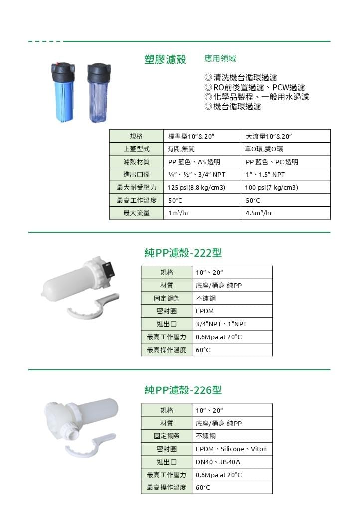 塑膠濾殼 / 純PP濾殼 222型・226型 Plastic housings & pure-PP housings (222 / 226 type)
